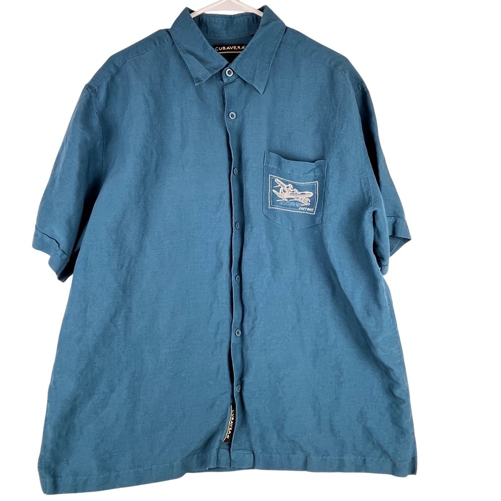 Cubavera Button Down Shirt Mens XL Teal Linen Blend Embroidered Vintage Aviation